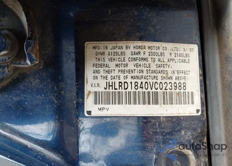 1997 Honda Cr-V из США, поврежденный, VIN JHLRD1840VC023988